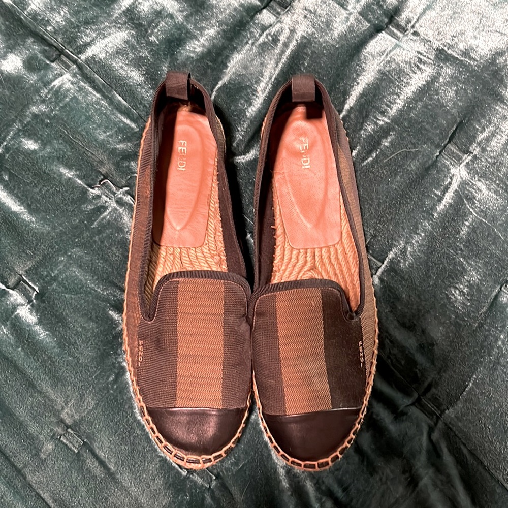 Fendi Brown/Black Pequin Stripe Espadrille Flats Size 39.5